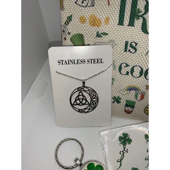 Irish Gift Bundle Bag w/ Shamrock Keychain, Bracelets, Celtic Necklace & Tattoo - Picture 2 of 8